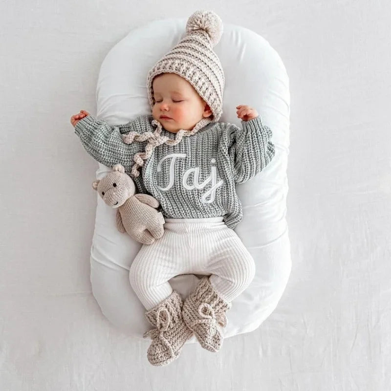 Personalized Name Newborn Baby Girl Boy Knitted Long Sleeve Autumn Winter Sweater Solid Loose Pullover Casual Tops Kids Clothes